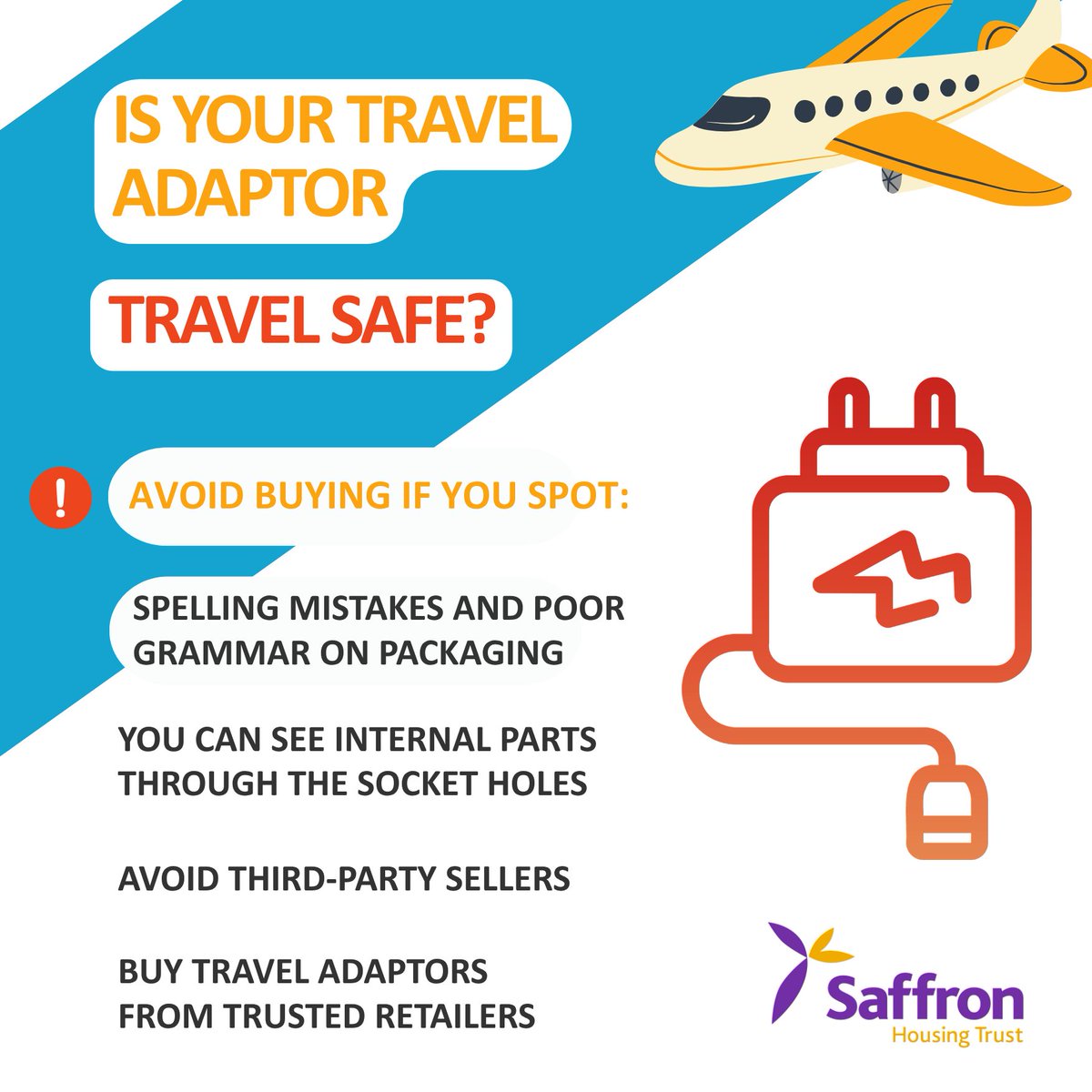 SaffronHousing's tweet photo. ✈️Going on holiday? Beware faulty travel adaptors risking electric shock. Buy only from trusted retailers. 🚫Avoid if you see internal parts, spelling errors, or multiple pins extendable. @electricalsafetyfirst #ElectricalSafety #TravelAdaptors #ElectricalSafetyFirst https://t.co/ygRsA1Vjcp