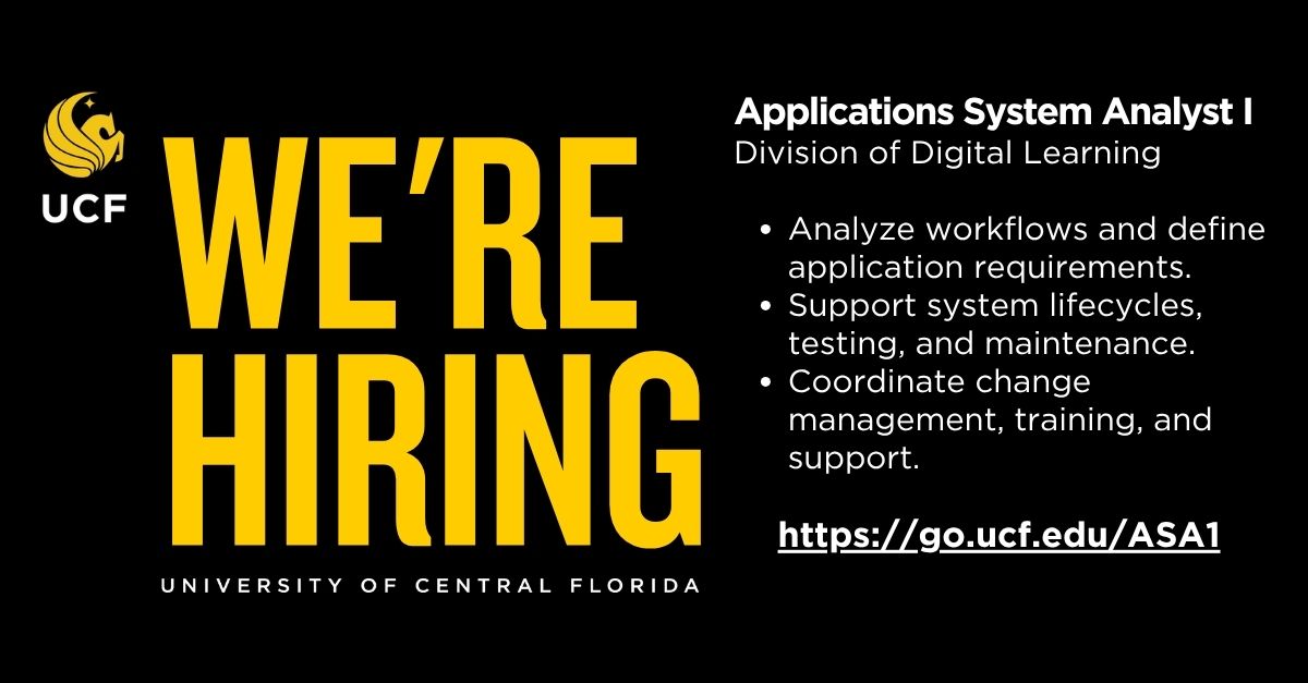 UCFDigitalLearn's tweet photo. UCF’s Division of Digital Learning is hiring! Join Learning Systems &amp; Technology as an Applications Systems Analyst I or Software Systems Engineer II. Deadlines are coming up soon.

Applications Systems Analyst : https://t.co/24FxWzcrV7 
Software Engineer: https://t.co/KsUVlKiEJb https://t.co/NdyCNOHkNn
