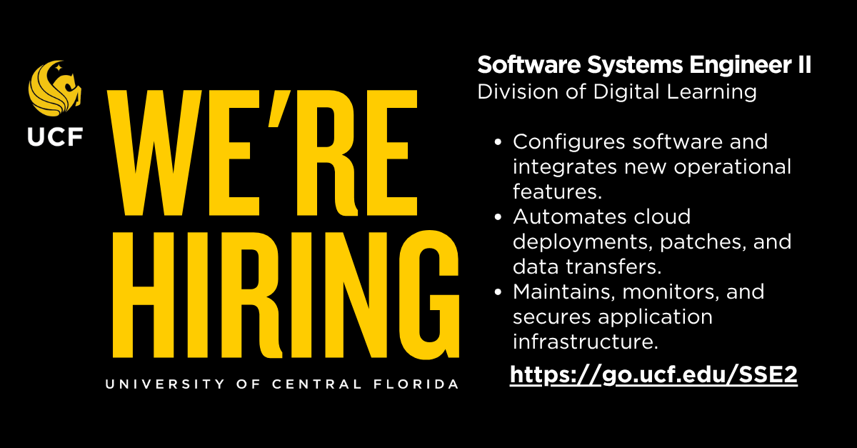 UCFDigitalLearn's tweet photo. UCF’s Division of Digital Learning is hiring! Join Learning Systems &amp; Technology as an Applications Systems Analyst I or Software Systems Engineer II. Deadlines are coming up soon.

Applications Systems Analyst : https://t.co/24FxWzcrV7 
Software Engineer: https://t.co/KsUVlKiEJb https://t.co/NdyCNOHkNn