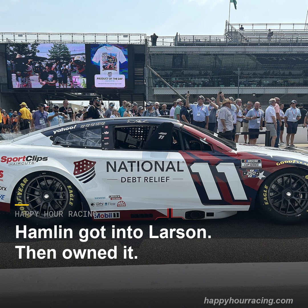HappyHourRacin's tweet photo. Kyle Larson asked on the radio what that was for. Denny Hamlin answered after: my mistake, I gassed up too soon and ran into the back of him. Points leader, no penalty. Change my mind that anybody else gets that. #NASCAR #DennyHamlin https://t.co/0lbcjrzZko