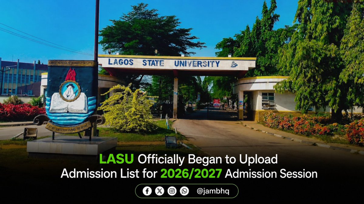 JAMBHQ's tweet photo. LASU has begun uploading its 2026/2027 admission list in batches. Check your status on the LASU portal or JAMB CAPS, and accept/reject your offer once it reflects.

Portal: https://t.co/KsTbnAmhL3

#LASU #JAMBCAPS #JAMBHQ #Admission2026 https://t.co/SNh9gKewOp