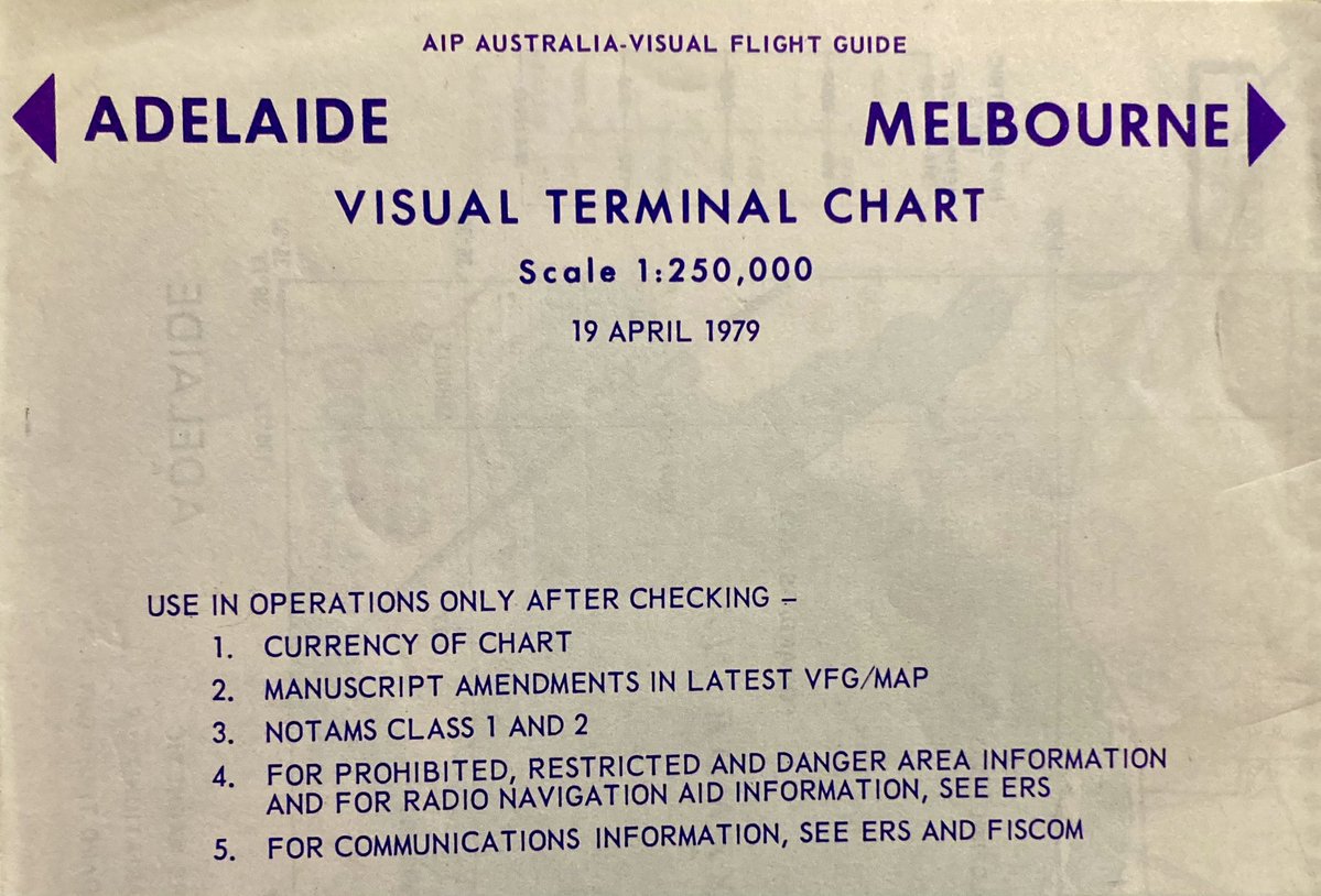 Vkthreepi's tweet photo. Sorting out a load of old #paperwork & came across this Visual Terminal Chart for Melbourne/Adelaide. Note the date. Well and truly superseded. The days when #Laverton was operational. Old #reporting points. Won’t throw it out. Historical significance. For me 😀 #ATC #radio https://t.co/8ICtMvcroU