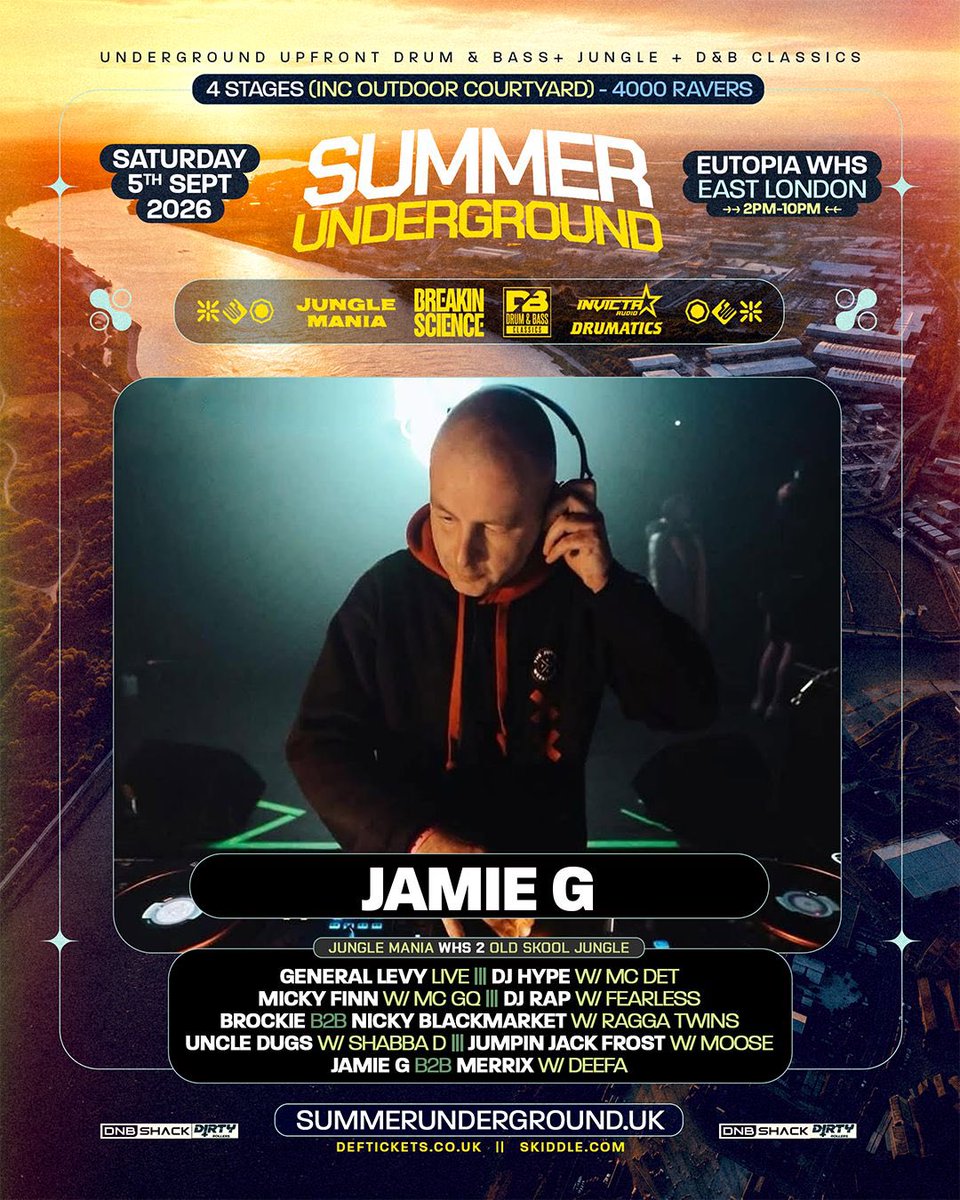 djjamieg946's tweet photo. Absolutely MEGA lineup for @junglemaniauk @breakinscience , Drum and Bass Classics &amp; Drumatics

SUMMER UNDERGROUND ☀️

Saturday 5th September @ EUTOPIA WHS 

Absolutely jam packed with talent 
Spread over 4 Arenas 

Check the flyer for full info 😉

DONT MISS OUT 🚨 https://t.co/Njz7ssyyGf