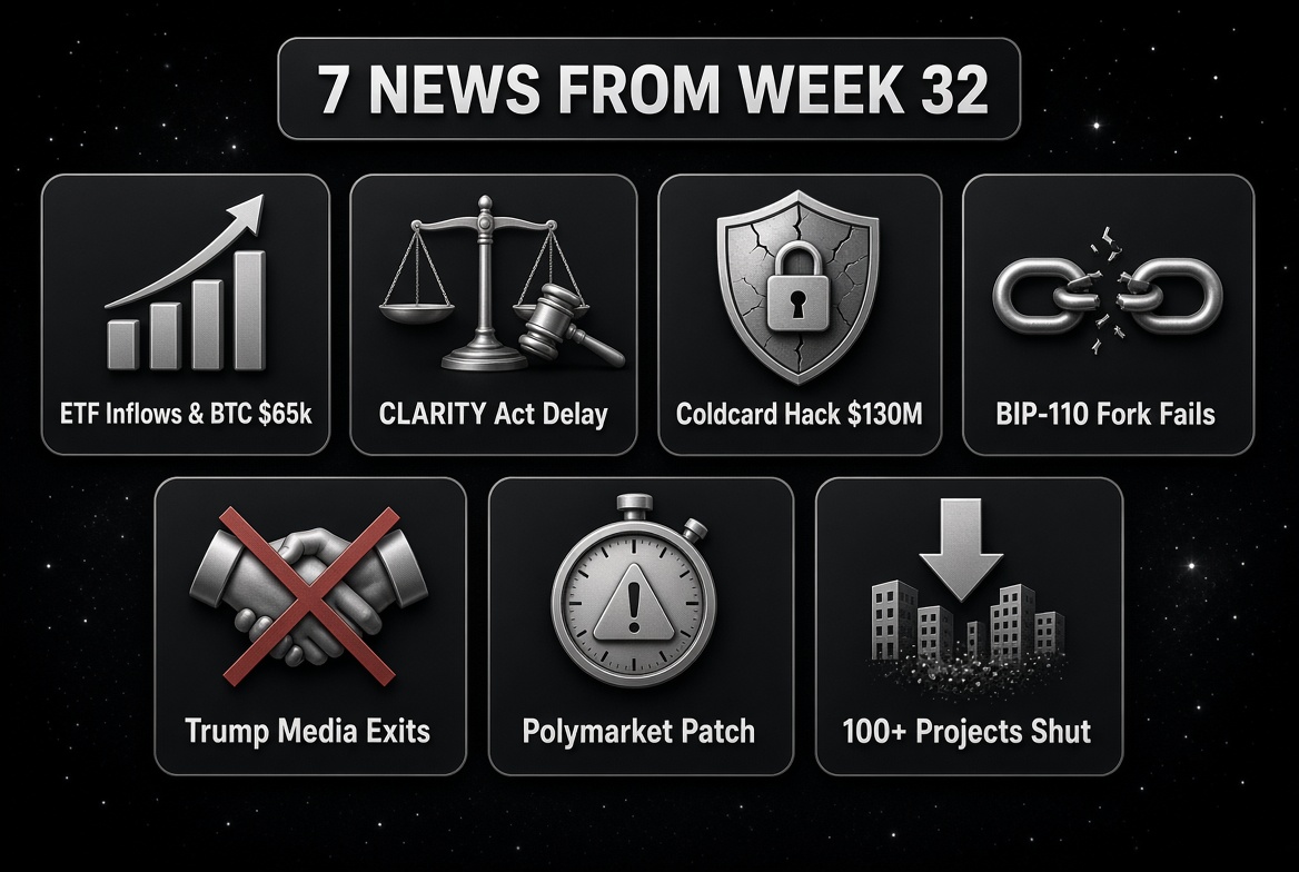 mantapex's tweet photo. 7 NEWS FROM WEEK 32

- Crypto shakeout accelerates: 100+ projects fold/shut down in 2026 amid funding/revenue pressure.

- BTC ETFs pull $853M inflows (strongest since April; ~$1.1B combined BTC/ETH) — BTC reclaiming $65k after weak US jobs data.

- Senate delays CLARITY Act vote; Thune files cloture, setting up Sept 15 procedural showdown.

- Coldcard hardware wallet exploit losses climb to ~$111-130M (multiple waves, firmware flaw).

- BIP-110 “anti-spam” soft fork attempt: minority chain mines 2 blocks then stalls (<3% hashrate support).coinmarketcap.com• 

- Trump Media scraps https://t.co/TYYlJmTRld deals — ends CRO treasury vehicle + Truth Social prediction markets integration.

- Polymarket patches 5-sec settlement manipulation (study: ~$8.2M drained from short crypto markets) → switches to TWAP.

#mantapex #crypto #predictionmarkets #news