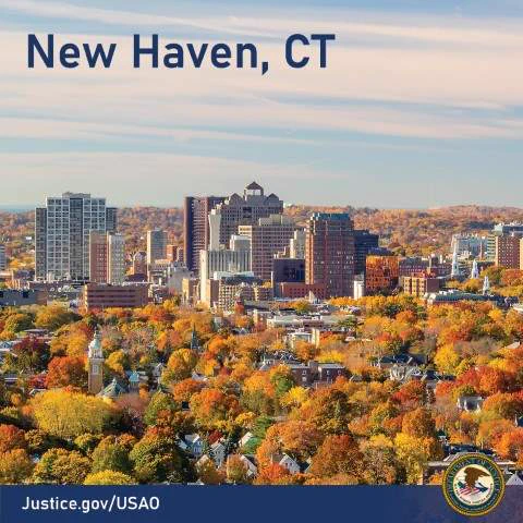 Aerial view of New Haven, CT skyline with autumn foliage in vibrant reds, oranges, and yellows under a clear sky.