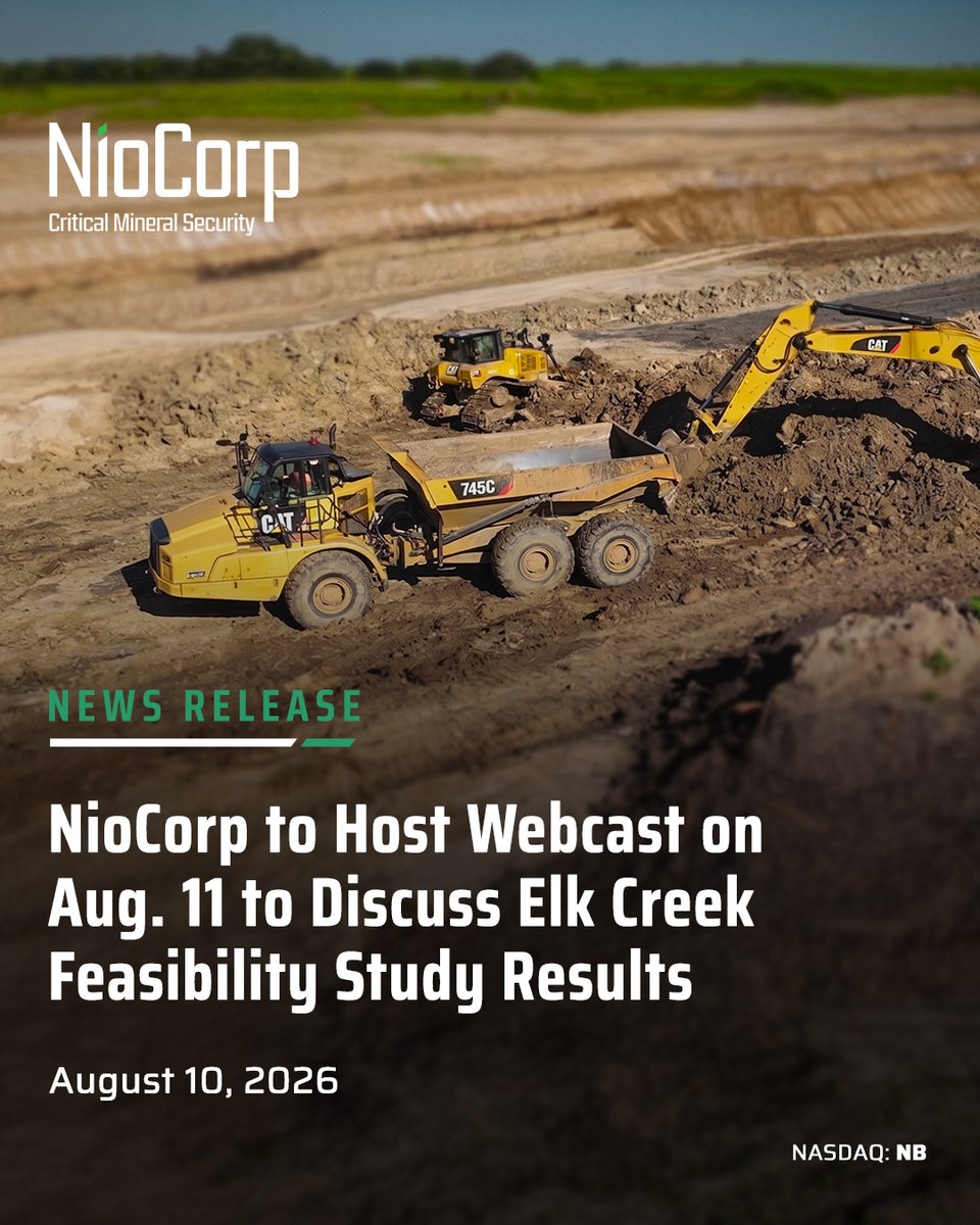 NioCorp's tweet photo. Tomorrow at 10:00 a.m. ET, NioCorp Executive Chairman and CEO Mark A. Smith and COO Scott Honan will host a live webcast to discuss the results of the 2026 #FeasibilityStudy for the #ElkCreekCriticalMineralsProject.

The presentation will include a review of the study's key findings, followed by a live Q&A session with analysts and investors.

Register here: https://t.co/gBUiA53l6a $NB 

#CriticalMinerals #Niobium #Scandium #Titanium #RareEarths