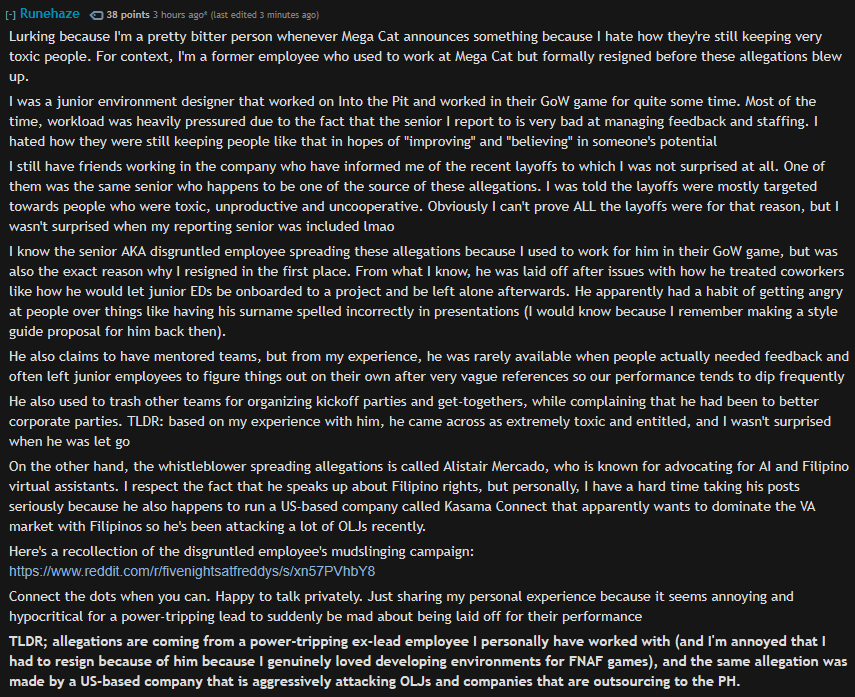 GBAura_'s tweet photo. An ex-employee for Mega Cat Studios, who worked on FNaF Into The Pit and God of War revealed that the company laid off toxic people, yet still kept some bad eggs around.

They also revealed the true identity of the whistleblower and their hypocrisy, who used to work for them. https://t.co/q6TPmomUee