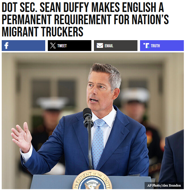 GuntherEagleman's tweet photo. 🚨 ENGLISH IS NOW A PERMANENT REQUIREMENT FOR MIGRANT TRUCKERS!

Transportation Secretary Sean Duffy just made it official.

No more non-English speaking drivers behind the wheel of massive commercial trucks on American highways.

This is about safety. This is about competence. This is about putting American standards first.

You shouldn’t be operating an 80,000-pound vehicle if you can’t read the road signs or communicate in an emergency.

Common sense is back!