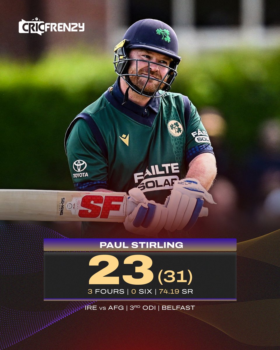 Cricfrenzylive's tweet photo. ৩১ বলে ২৩ রানে ফিরলেন পল স্টার্লিং।
#IreVsAfg #PaulStirling https://t.co/p2UF5ecgKM