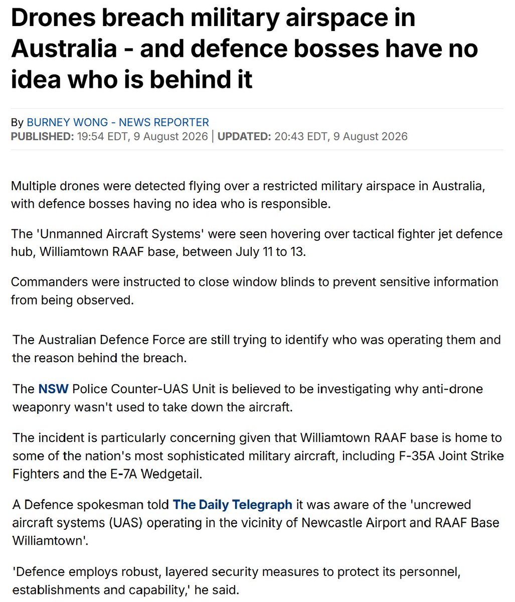 Kabamur's tweet photo. "Mystery drones" in Australia

Multiple unknown crafts were detected hovering over restricted military airspace at Williamtown RAAF base in Australia.

Wouldn't military adversaries like China use satellites to remain undetected?

I think these crafts are intended to be seen.