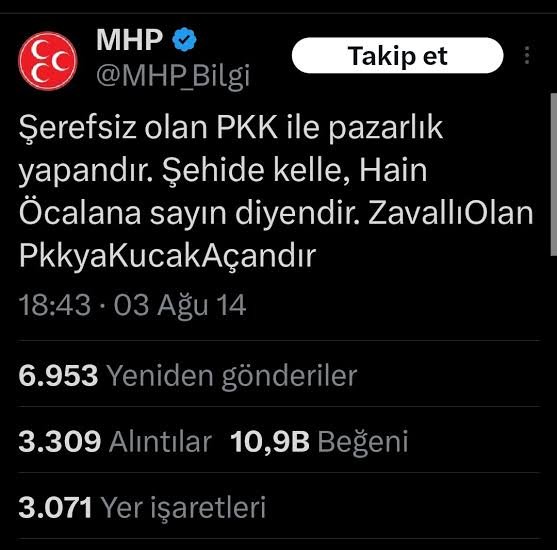 MKarakasoglu's tweet photo. @sanem_dfn Hepimiz biliyoruz  sehit ve gazilerin kalesi mhp yi sattiginizi, iktidar 1. cozum surecinde boyunun olcusunu almisken, 1 cozum surecinin karsisinda olan mhp simdi bebek katilini kurucu önder ilan ederek, kimin nasil bir ihanet icinde oldunu gösternistir.. https://t.co/cEcFKlbc4W