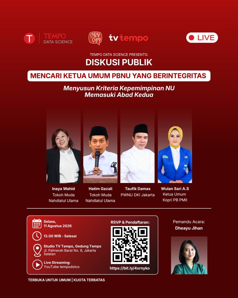 TempoDataSains's tweet photo. Tempo Data Science mengundang Anda untuk bergabung dalam Diskusi Publik:
"Mencari Ketua Umum PBNU yang Berintegritas: Menyusun Kriteria Kepemimpinan NU Memasuki Abad Kedua". https://t.co/cZ29S9pV3E