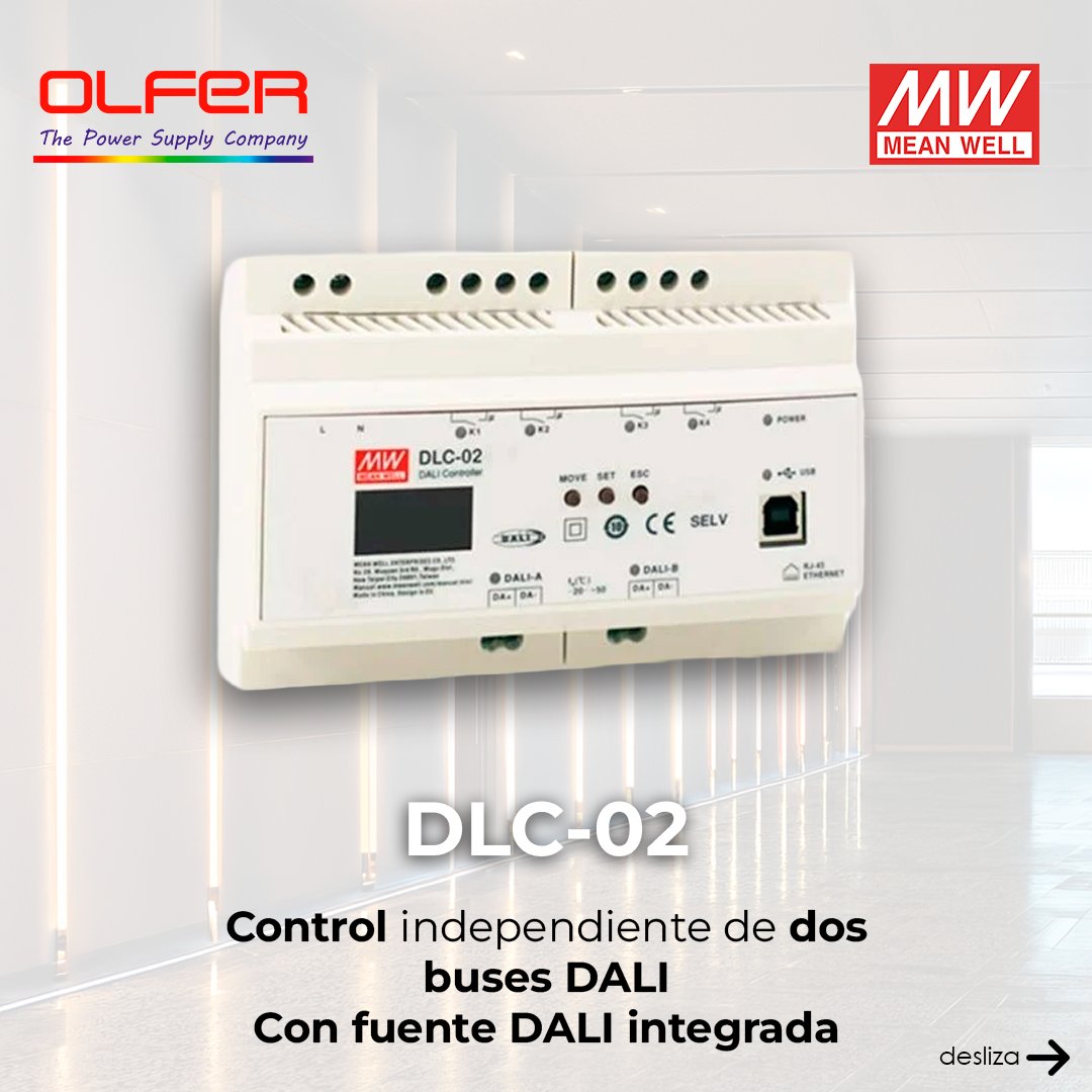 _OLFER's tweet photo. El DLC‑02 de MEAN WELL es un controlador multi‑maestro DALI‑2 diseñado para proyectos profesionales de automatización y control de iluminación. Gestiona dos buses DALI‑2 independientes con fuente DALI integrada

👉 https://t.co/GVfzitswzR https://t.co/L2IJNuTNZR