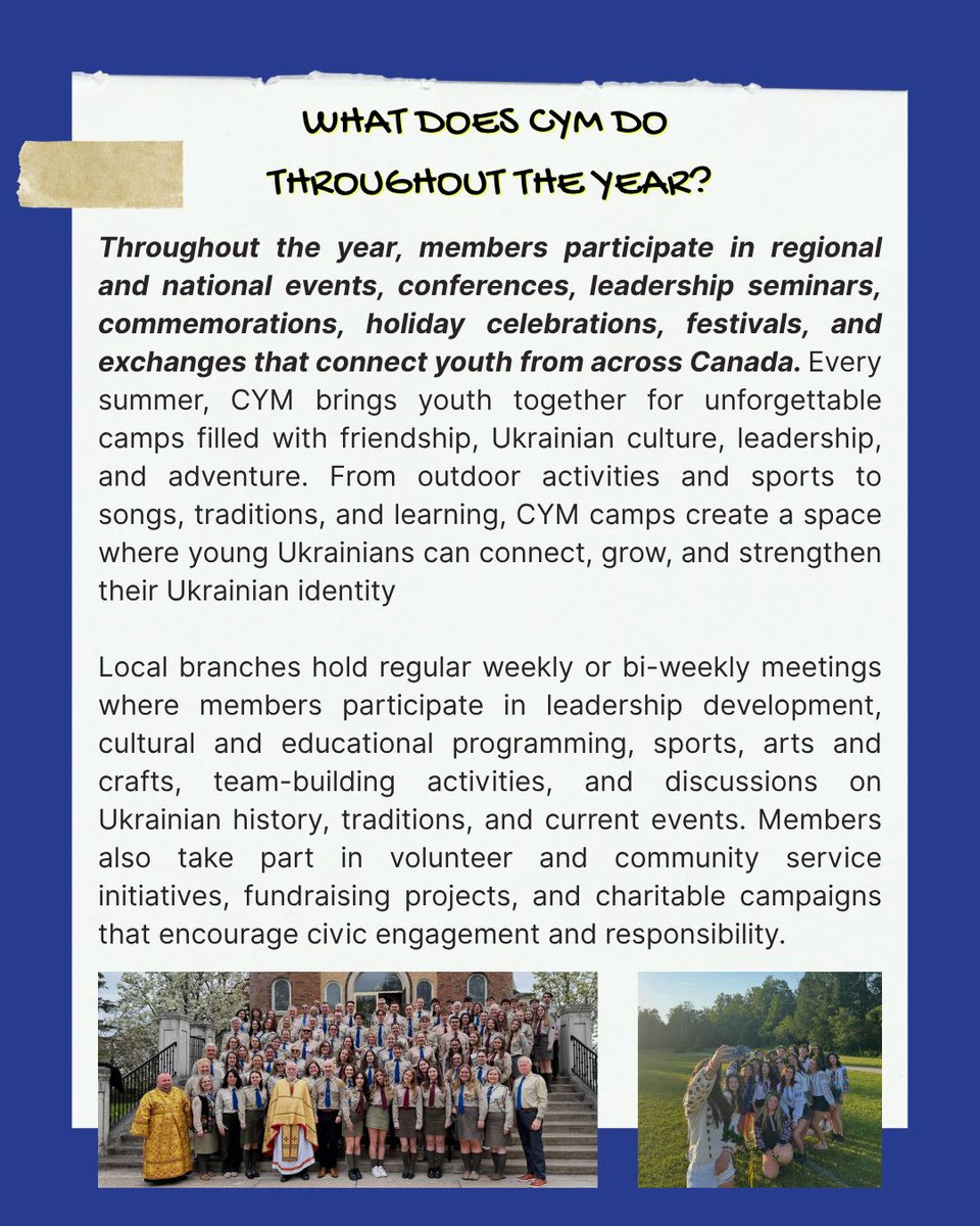 ukrcancongress's tweet photo. This week on Member Mondays, the Ukrainian Canadian Congress is proud to feature CYM Canada (Ukrainian Youth Association – CYM).
Swipe through to learn more about CYM's history, mission, programs, and how young people and families can get involved.
#UCC #MemberMondays #CYM https://t.co/j2n0x3qWzU