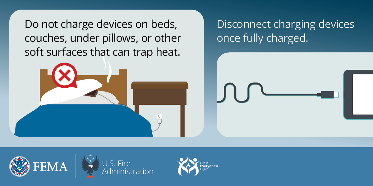 usfire's tweet photo. Never charge devices on soft surfaces like beds or couches. They can trap heat and cause fires. #TakeCharge https://t.co/kGreBNdNXo