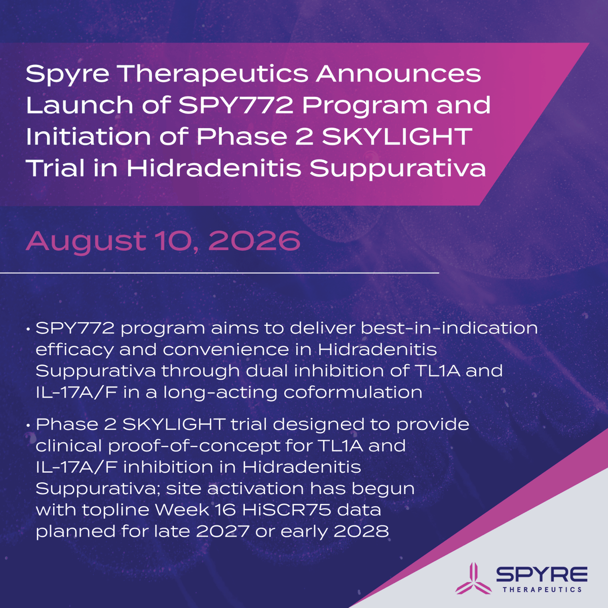 spyretx's tweet photo. Today we announced the launch of our SPY772 program and initiation of the SKYLIGHT Phase 2 clinical trial, which is designed to provide clinical POC for TL1A and IL-17A/F inhibition in #HidradenitisSuppurativa (#HS).

PR and FLS: https://t.co/445SQd6GfK https://t.co/wr5AvXroxV