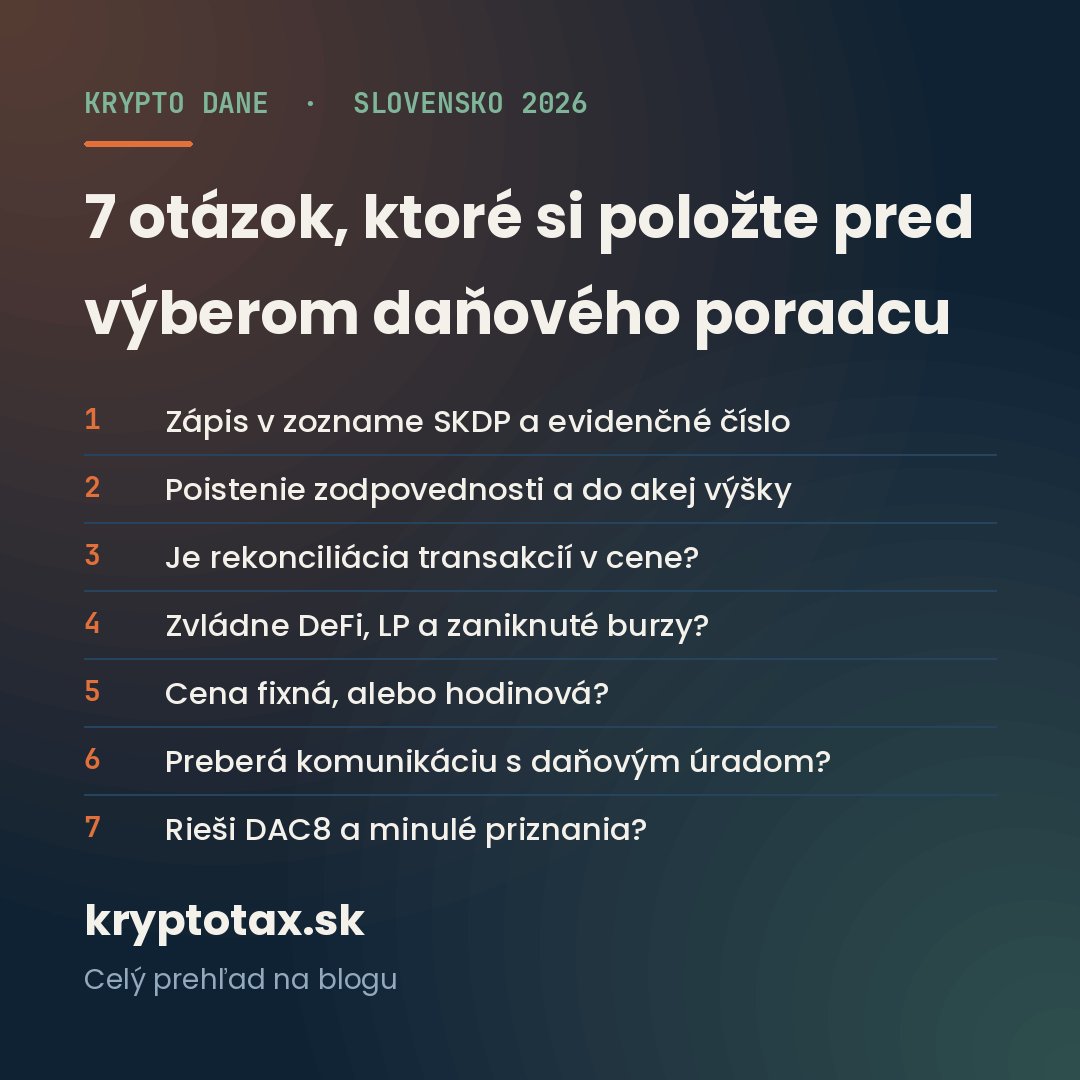 kryptotax_sk's tweet photo. Sedem otázok pred výberom poradcu na krypto dane:

1. Zápis v SKDP a číslo
2. Poistenie a jeho výška
3. Rekonciliácia v cene, alebo sa dopláca
4. DeFi, LP, zaniknuté burzy
5. Fixná vs. hodinová cena
6. Komunikácia s úradom
7. DAC8 a minulé roky

Zoznam poskytovateľov je abecedný, sme v ňom aj my.

https://t.co/EMUriajKBT