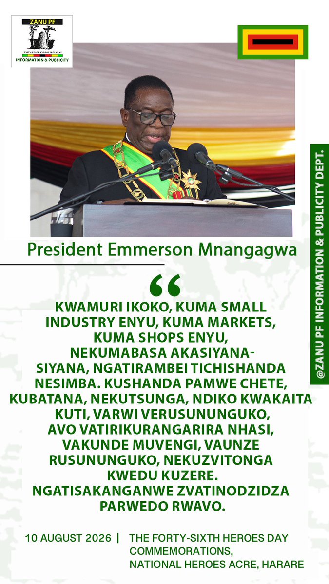 ZANUPF_Official's tweet photo. Quotable Quotes from His Excellency President Dr ED Mnangagwa’s speech during the 2026 Heroes Day Commemorations. https://t.co/1W0mFmHLT1