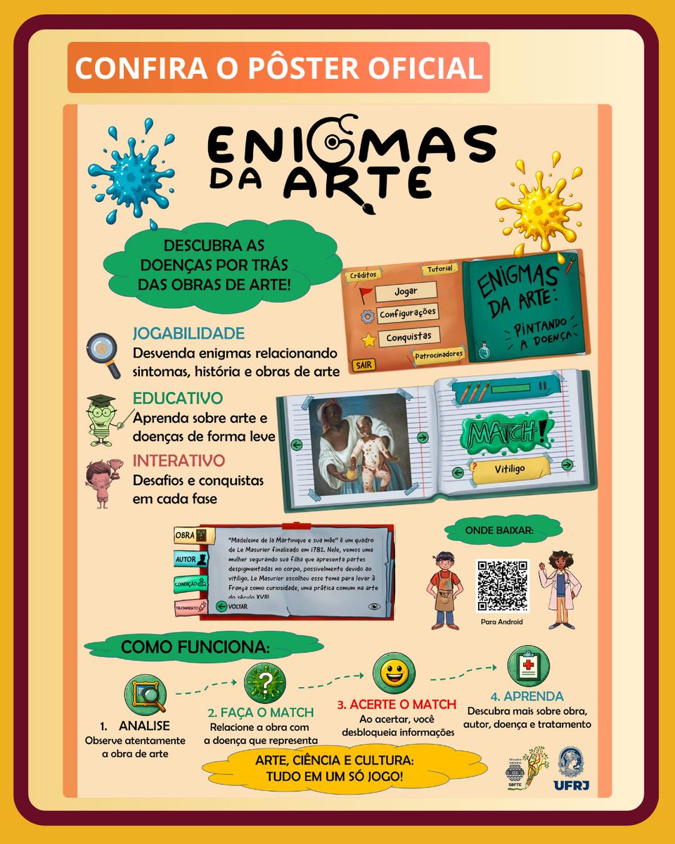 SBFTEnet's tweet photo. 🎨 Conheça o novo jogo educativo das Iniciativas Educacionais da SBFTE: Enigmas da Arte: Pintando a Doença.

📱 Disponível gratuitamente para dispositivos Android na Google Play Store.

🔗 Saiba mais e acesse: https://t.co/fj6oM0OEqM https://t.co/FVrREiXK5T