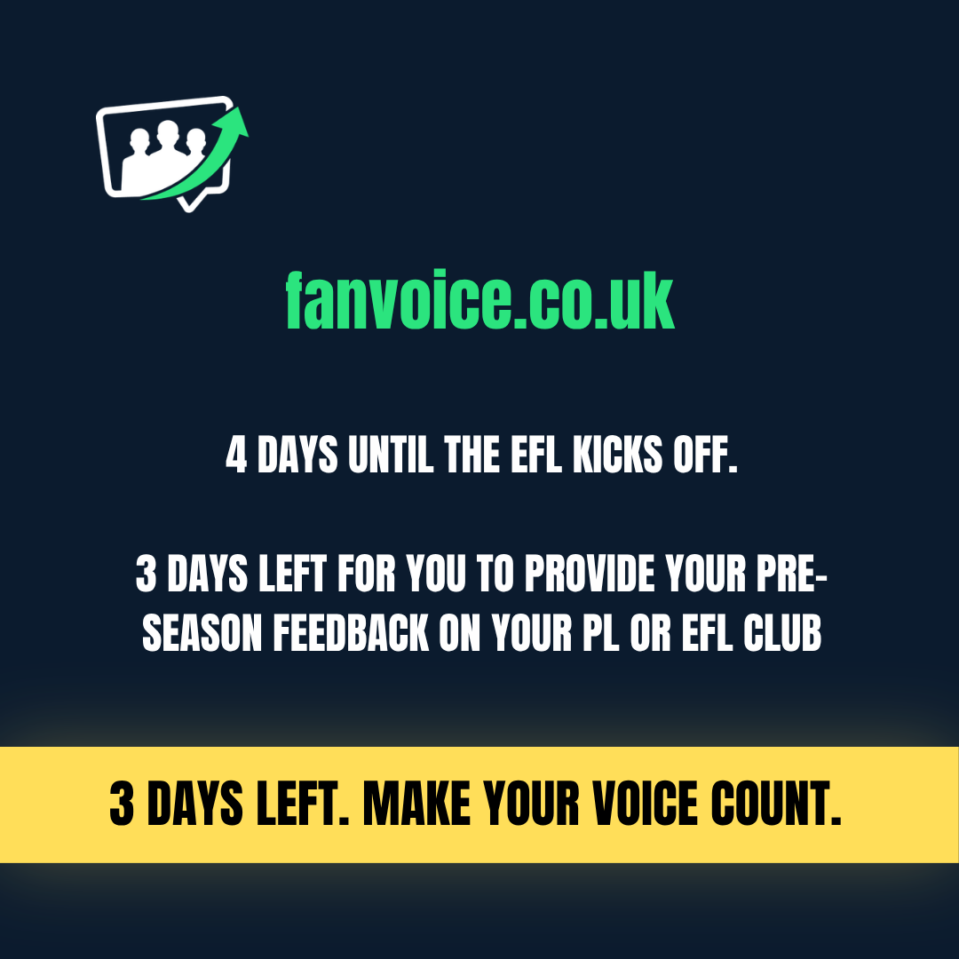 _Fan_Voice's tweet photo. Don't miss out.

With the EFL kicking off in 4 days, our pre-season pulse is closing in 3 days.

Don't miss your chance to provide feedback on your club; it is open to all EFL and Premier League teams.

https://t.co/ZGhi8KVH2c

#FanVoice #HaveYourSay #PremierLeague #EPL #EFL https://t.co/glhq7RCt8g