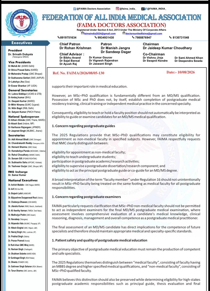 FAIMA_INDIA_'s tweet photo. FAIMA has written to the Hon’ble Chairman, NMC, seeking urgent clarification and reconsideration regarding the eligibility of MSc–PhD non-medical faculty to act as Postgraduate Guides and Examiners for MD/MS students.
Multidisciplinary participation is welcome, but the distinction between scientific academic expertise and postgraduate clinical medical training must be maintained.
Patient safety and the quality of specialist training must remain paramount.
#FAIMA #NMC #MedicalEducation #ResidentDoctors #MDMS