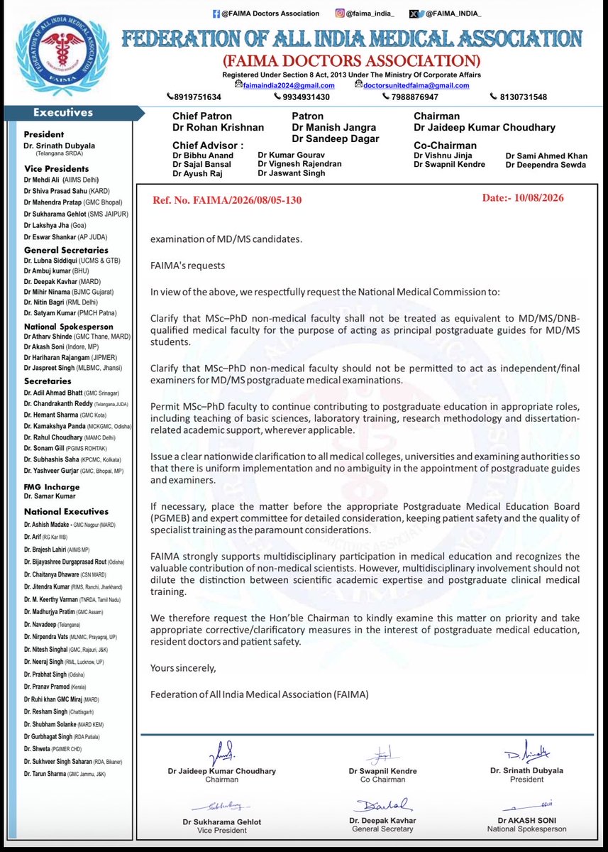 FAIMA_INDIA_'s tweet photo. FAIMA has written to the Hon’ble Chairman, NMC, seeking urgent clarification and reconsideration regarding the eligibility of MSc–PhD non-medical faculty to act as Postgraduate Guides and Examiners for MD/MS students.
Multidisciplinary participation is welcome, but the distinction between scientific academic expertise and postgraduate clinical medical training must be maintained.
Patient safety and the quality of specialist training must remain paramount.
#FAIMA #NMC #MedicalEducation #ResidentDoctors #MDMS