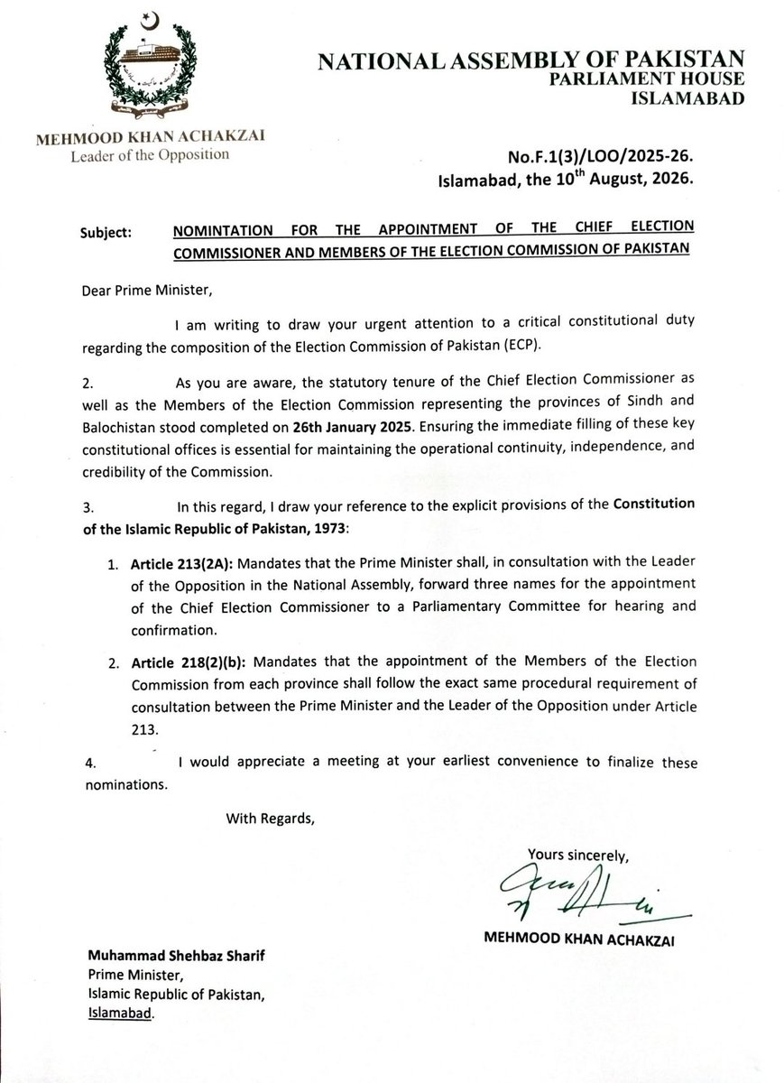HasnaatMalik's tweet photo. Opposition Leader in National Assembly Mahmood Khan Achakzai wants early meeting with PM Shehbaz Sharif for the appointment of Chief Election Commissioner &amp; members of Election Commission of Pakistan (ECP). https://t.co/HagcScLcym