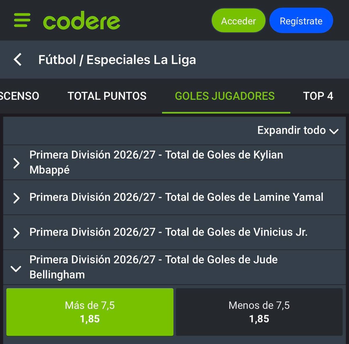 Picks_Online's tweet photo. 🔥Pick premium Bellingham más de 7,5 goles en Liga

👉🏻Bono de 200€ de bienvenida aquí: https://t.co/Ce9xw2Sdvw

⚠️Sólo disponible en Codere, lo tenéis también en máquinas físicas por si alguien lo prefiere, yo lo hice allí. 

De momento ni bet365 ni Betfair tienen cuotas a largo plazo a ver si las acaban poniendo sino hay otra de Codere que me gusta pero quiero esperar , esta sin embargo dudo que la mejoren, la tenéis en Winamax a 10.5 cosa que ya es mucho más difícil y a esa línea no entraría
