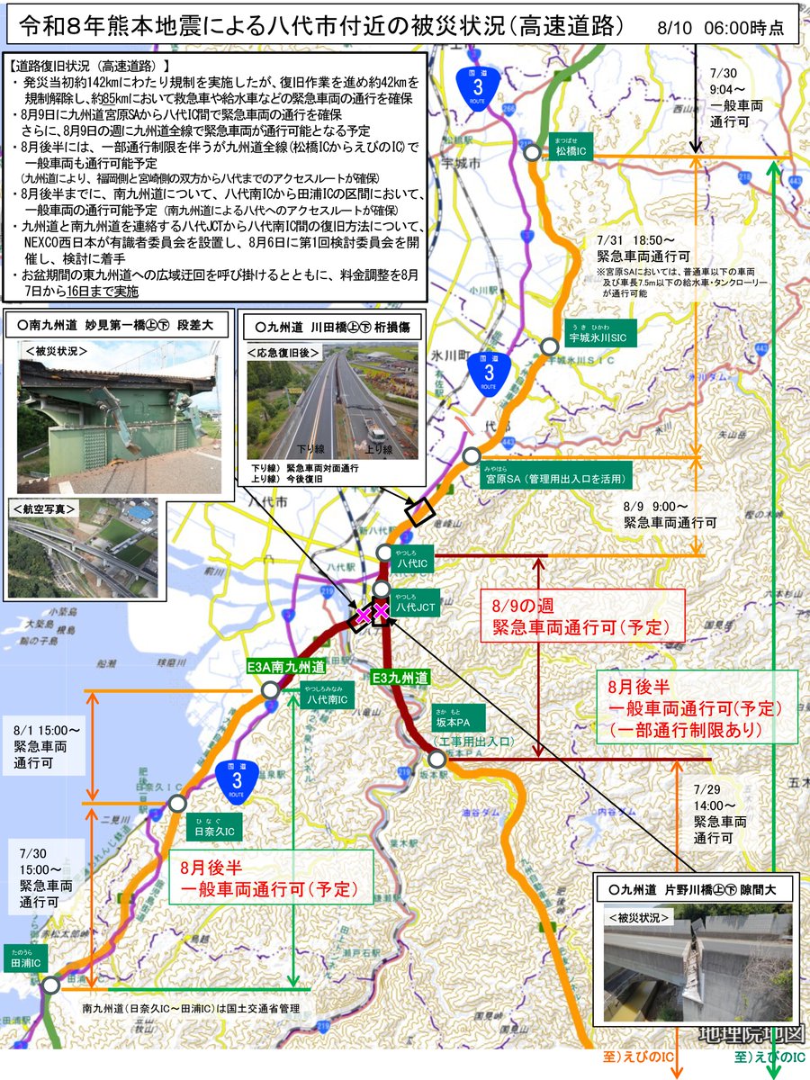 PressSec_JP's tweet photo. 【非常災害対策本部③】
高速道路については、明日11日には九州自動車道の全線で緊急車両の通行が可能となります。さらに、8月後半には一般車両も通行可能になる見込みです。

高市総理「被災された方々の日常生活の再建に向けては、交通網の速やかな復旧が不可欠です…（続く） https://t.co/CAJ7YO64RD