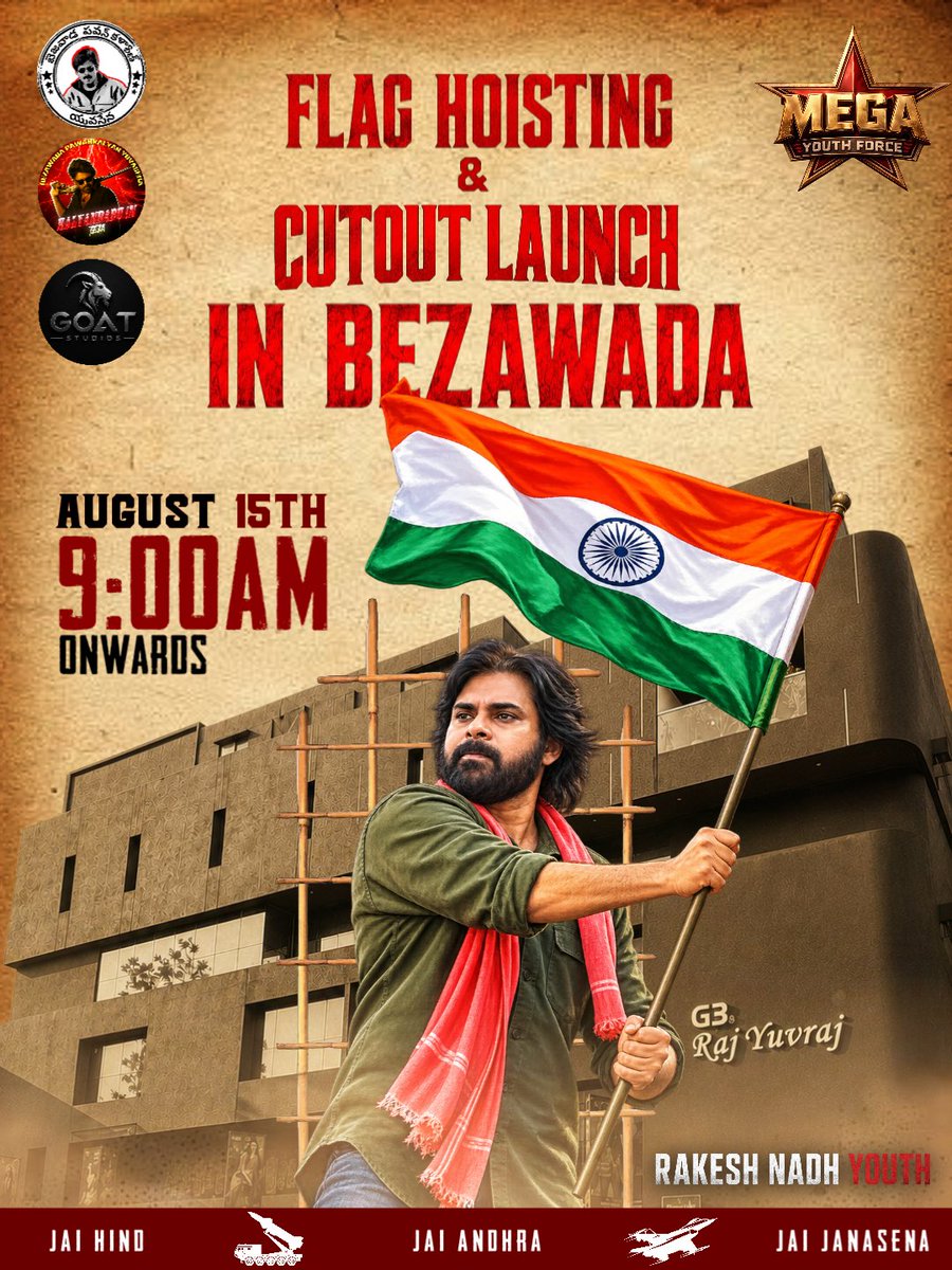 B_P_YCULTS's tweet photo. 45 FT OF POWER⚡

ONE FLAG 🇮🇳 ONE PRIDE
CULT'S MASS CELEBRATION🎉

Flag Hoisting &amp; 45-FT Cutout Launch Celebrating Independence Day &amp; Power Star Pawan Kalyan Garus Birthday

📍BEZAWADA
#JaiHind #IndependenceDay
#PawanKalyan #JanasenaParty
@G0ATSTUDIOS @JanaSenaParty @PanjaFilm4K https://t.co/AIcEXGk1Cu