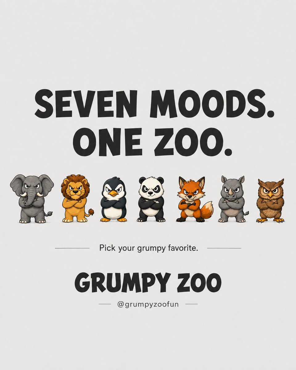 grumpyzoofun's tweet photo. 7 animals.
7 bad attitudes.
0 apologies.
Pick your grumpy favorite. 👇
🐘 🦁 🐧 🐼 🦊 🦏 🦉
solana:GRUmPYbiTpq9ZPy5LAqBMMze7kErf5dEX2i9qYfwoSmR 

#GRUMPYZOO #GRUMPY #pumpfun #sol #solana https://t.co/Ozjpbkj7an