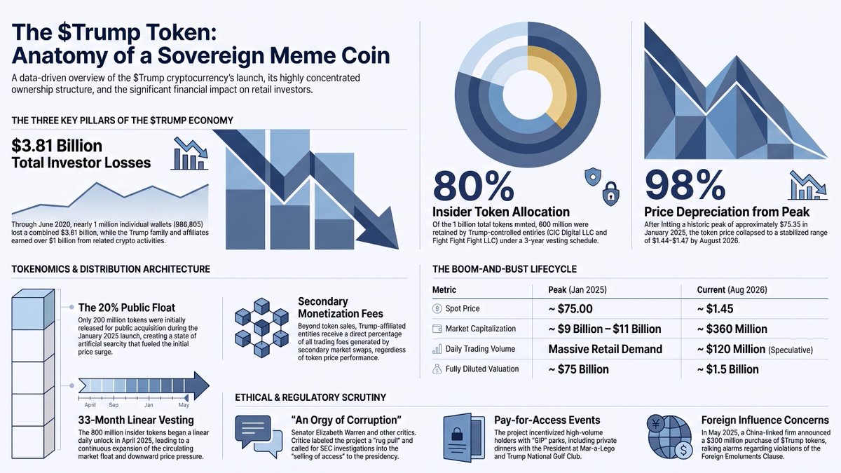 CoinReviewNet's tweet photo. The $Trump Token: Anatomy of a Sovereign Meme Coin 📉

80% insider allocation, 98% price drawdown from peak, &amp; $3.81B total investor losses outline the boom-and-bust lifecycle.

If you found this insight valuable, like and repost!

Not financial advice. DYOR ! #Trump #CryptoNews https://t.co/DvuvwHqpeJ