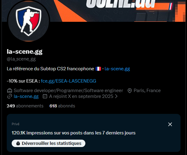IronpolCSGO's tweet photo. Très content de l'évolution de @la_scene_gg !

Ça fait +3 mois que je m'occupe du suivi de la scène FR, en essayant de donner un max de force au subtop.

+300 abonnés depuis mon arrivée. Merci à Baiiko pour sa confiance et de me laisser gérer le compte à 100% 🙏 https://t.co/yJuFBZUq0z
