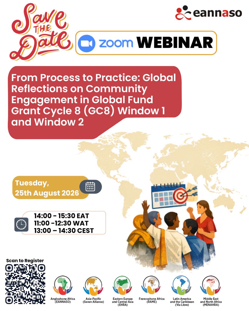 eannaso's tweet photo. Hear Ye! Read all about it!

All about communities and the @GlobalFund Grant Cycle 8.

📅 SAVE THE DATE | 25 Aug 2026 at 2:00 PM EAT.

Join @eannaso and the other six Regional Learning Hubs of the Global Fund for a global dialogue on community engagement in #GC8: lessons from Windows 1–2, what worked, what did not, and what countries can take into Windows 3–6.

Register via this link: https://t.co/HWvI1YOrXb