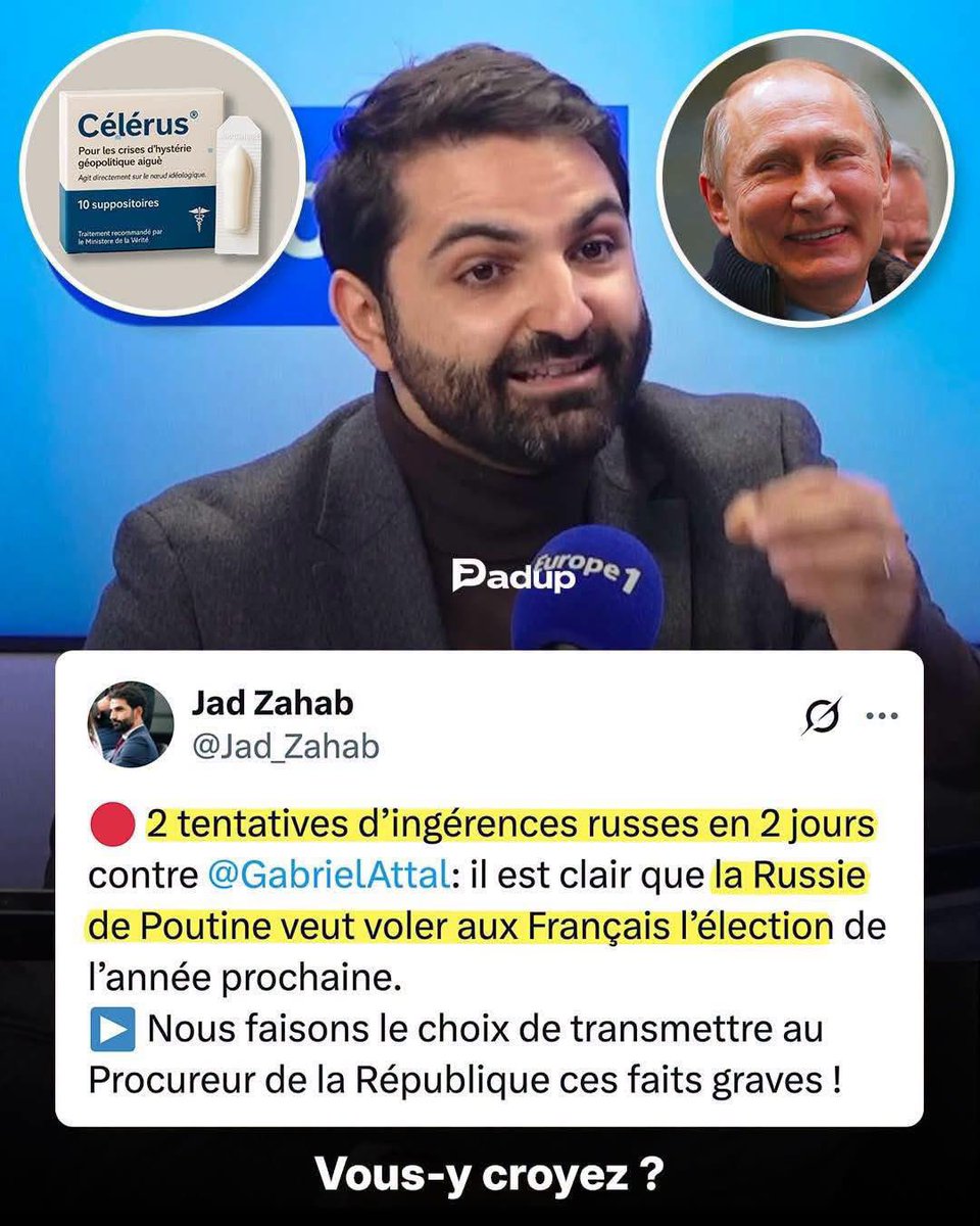 alainpaulweber's tweet photo. Jad Zahab, le 4696e cavalier de l’apocalypse de la team "Attal"

« La séquence a provoqué un rejet massif » : non, c’est Jad Zahab, qui est bouffi d’arrogance et de certitudes, qui provoque un rejet !

Via Christophe Huart sur Facebook 

« Après avoir nié l’existence d’une identité française, cette sombre daube qu’Attal a jugé bon de mettre à la tête de son parti 🙈s’enfonce encore davantage …

Le Célèrus, usé jusqu’à la corde et coûtant des centaines de milliards est devenu un outil grotesque pour minables en manque de popularité, en plus d’un écran de fumée pour un pouvoir toxique.  

« « La Russie veut voler l'élection » : l'annonce de Jad Zahab affirmant que Gabriel Attal est victime d'ingérences russes s'est retournée contre lui, déclenchant une vague de moqueries et de scepticisme.

🚨 UNE ACCUSATION QUI NE PASSE PAS DANS L'OPINION

En affirmant avoir saisi le Procureur de la République pour deux « tentatives d'ingérence » visant Gabriel Attal en 48 heures, l'essayiste et militant de la majorité présidentielle Jad Zahab pensait créer un choc. 

Mais sur les réseaux sociaux, la réaction du public a été immédiate et particulièrement sévère.

🔍 DÉMOLITION EN RÈGLE DANS LES COMMENTAIRES

La séquence a provoqué un rejet massif alimenté par plusieurs arguments :

• L'accusation de victimisation systématique : Pour de nombreux internautes, le pouvoir utilise le prétexte de la « menace russe » dès qu'un responsable politique est en difficulté ou critiqué.

• L'arroseur arrosé : Plusieurs commentateurs rappellent les affaires judiciaires qui touchent la majorité (comme les procédures visant Édouard Philippe au Havre) pour dénoncer une indignation à géométrie variable.

• Les déclarations passées : D'anciens propos de Jad Zahab niant l'existence d'une « identité » ou d'une « culture française » ont refait surface, fragilisant sa crédibilité aux yeux des utilisateurs.

📉 LE DIVORCE ENTRE LA MAJORITÉ ET LES RÉSEAUX

Cette tentative d'allumer une contre-feux judiciaire illustre une fois de plus le fossé entre le discours officiel de la majorité et la défiance d'une partie du public, qui refuse de croire à l'argument du complot étranger.

Croyez-vous à la réalité de ces ingérences ou s'agit-il d'une stratégie de communication politique ? 

L'argument de la menace russe est-il devenu un prétexte pratique pour la majorité ? 💬 » »

Via Padup