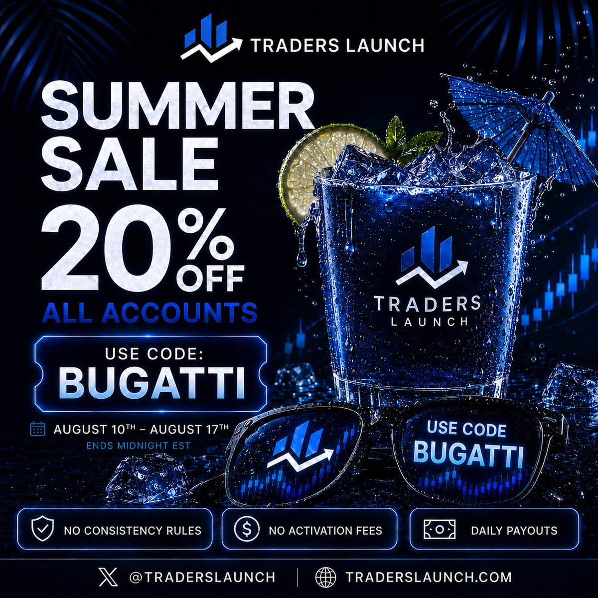 UncleBugatti's tweet photo. 😇Giveaway Alert😇
Huge Sale over at @TradersLaunch 
20% OFF Making their cheapest plan only $39.20
Use Code BUGATTI
https://t.co/KbgQNY13v9

FREE 1x100K Eval
Rules:
1. Follow me
2. Like &amp; RT
3. Comment Summer Sale

Winner Pick 8/17 https://t.co/Nt03wMY5wk