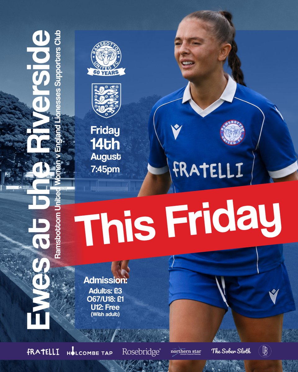RamsbottomUtd's tweet photo. 𝗧𝗛𝗜𝗦 𝗙𝗥𝗜𝗗𝗔𝗬 𝗔𝗧 𝗧𝗛𝗘 𝗛𝗪𝗥𝗦

What will be the first of numerous occasions throughout the season marking our diamond anniversary, we are delighted to welcome @RammyUtdWomen to play at the HWRS for the very first time in a game against the England Lionesses Supporters team this Friday.

With the men's team over in the Isle of Man, why not get your footy fix this weekend cheering on the women instead?

Bring along your family and friends for what promises to be an entertaining evening's football.

🆚 @LionessesST 
🏆 Friendly
🏟️ Harry Williams Riverside Stadium
📍 BL0 0BS
🗓️ Friday
⏰ 7:45pm
💷 £3/£1/U12 Free (Cash only)