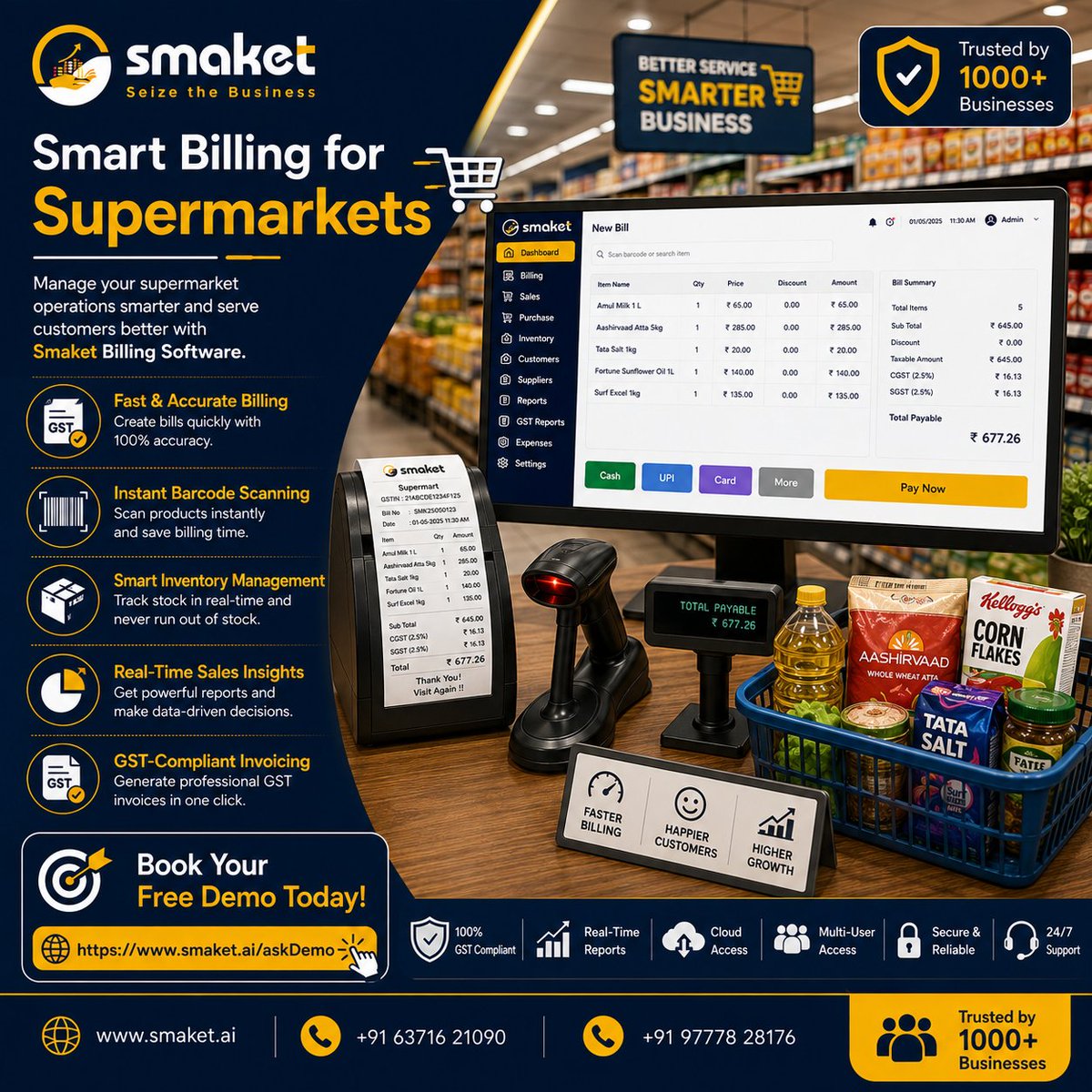 SmaketSolutions's tweet photo. 🛒 Smart Billing for Supermarkets

✅ Fast &amp; Accurate Billing
✅ Instant Barcode Scanning
✅ Smart Inventory Management
✅ Real-Time Sales Insights
✅ GST-Compliant Invoicing

🎯 Book Your Free Demo Today!
🌐 https://t.co/cIUui1jdv5

#Smaket #SupermarketSoftware #BillingSoftware https://t.co/xjCMUvt00X