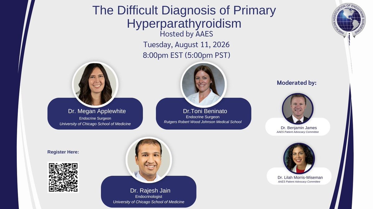 TheAAES's tweet photo. It's tomorrow 8/11, 8 pm EST! Join us for a patient-focused webinar to get answers to your questions on "The Difficult Diagnosis of Primary Hyperparathyroidism!" Register here! https://t.co/DmDFdIKbUR https://t.co/0sQ9DPcsnk