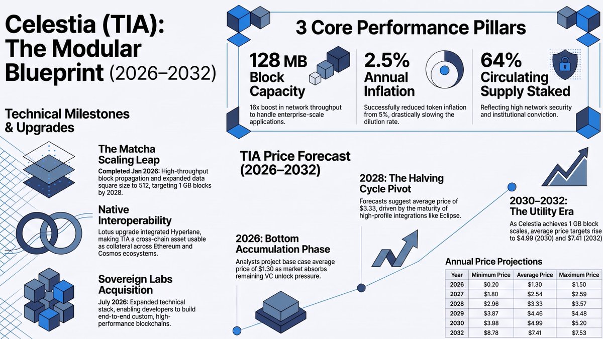 CoinReviewNet's tweet photo. Celestia ($TIA): The Modular Blueprint (2026–2032)! 🟦✨

128 MB block capacity, 2.5% annual inflation, 64% supply staked, native cross-chain interoperability powering modular scaling.

Drop a like and repost if you enjoyed this post!

Not financial advice. DYOR ! #Celestia #TIA https://t.co/435MtydRsA