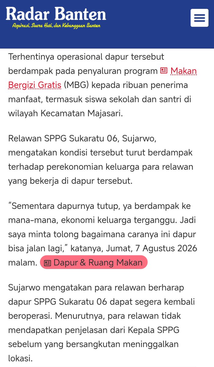 menuembegejelek's tweet photo. Ckckckckck

Ada kabar menarik dari Pandeglang, Banten. Seorang kepala kubangan lumpur (SPPG) Sukaratu 06, Majasari, kabur, pulang ke kampung halamannya di Jambi tanpa pamit. 😁

Kami akan merasa senang apabila kaburnya Sdr. Agustia Mahendra ini adalah disebabkan oleh propaganda-propaganda kami. Namun sayangnya yang terjadi nampaknya bukan demikian.

Kami tahu dan memaklumi akan hal ini sebab kami sangat tahu, sangat amat tahu, untuk mengajukan pengunduran diri / resign dari jabatan kepala SPPG itu sulit, DIPERSULIT oleh BGN dan mitra. Mengapa? Ya karena efeknya begini, keuntungan mereka bisa mandek, dan kefoya-foyaan mereka akan terhenti.

Sejak berita ini terbit, tidak ada kabar yang mewartakan para Penerima Manfaat protes sebab embege tidak lagi disalurkan oleh SPPG Sukaratu 06 kepada mereka. Yang protes tidak lain dan tidak bukan ya so called relawan-relawan dan mitranya. Jelas.

Kepada para mitra dan BGN, kalian pikir orang tidak boleh merasa jenuh akan praktik-praktik kotor dan jorok di lingkungan SPPG? Kalian pikir orang akan betah dengan sistem, lingkungan, dan ekosistem buruk yang kalian bangun? Kalian pikir orang tidak boleh memiliki kompas moral? Kalian pikir kepala SPPG adalah anjing kalian yang wajib patuh 24/7 sekalipun kalian kerap menerpanya dengan porsi kerja yang gak manusiawi? Goblok kalian. Pure goblok.

Kami mendukung apa yang dilakukan oleh Sdr. Agustia Mahendra, kami juga akan memberikan dukungan penuh kepada seluruh kepala-kepala kubangan lumpur (SPPG) yang hendak mengundurkan diri karena nuraninya kembali tergugah, perasaan kemanusiaannya kembali tumbuh.

Embege tidak menghasilkan apa-apa selain kemudharatan selama tata kolanya jelek seperti saat ini.