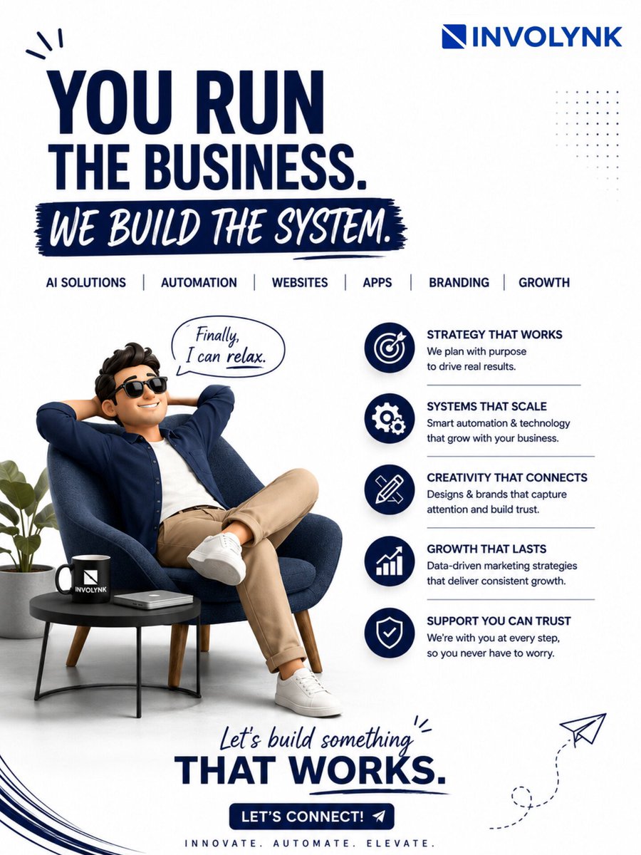 involynk's tweet photo. You run the business. We build the system. 🚀

From AI and automation to websites, apps, branding, and growth, INVOLYNK handles the tech, so you can focus on what matters.

#BusinessGrowth #AI #Automation #DigitalTransformation #INVOLYNK https://t.co/PkIrnCr3GJ
