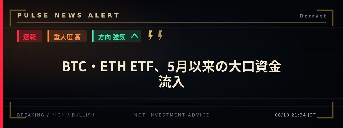 PulseTriggrBtc's tweet photo. ⚡ BREAKING
🚨 重要ニュース

BTC・ETH ETF、5月以来の大口資金流入

BTC影響：📈 強気
リスク資産：📈 強気

理由：Bitcoin・Ethereum ETFへの5月以来の最大級の資金流入が実現。機関投資家需要の強い証拠。

https://t.co/tJk2yQKW1f

#BTC #ビットコイン #マーケット https://t.co/YR6CMFjEzo
