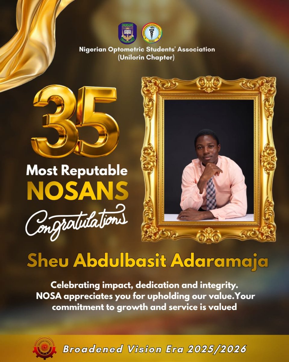 NOSA_UNILORIN's tweet photo. Inspiring the Standard! 🔥
Thank you for wearing our values so proudly and making your presence felt through dedication and passion.Keep aiming higher!
#NOSAUnilorin #35MostReputableNOSANS #OptometryExcellence #BroadenedVisionEra https://t.co/jmAA37WcOr
