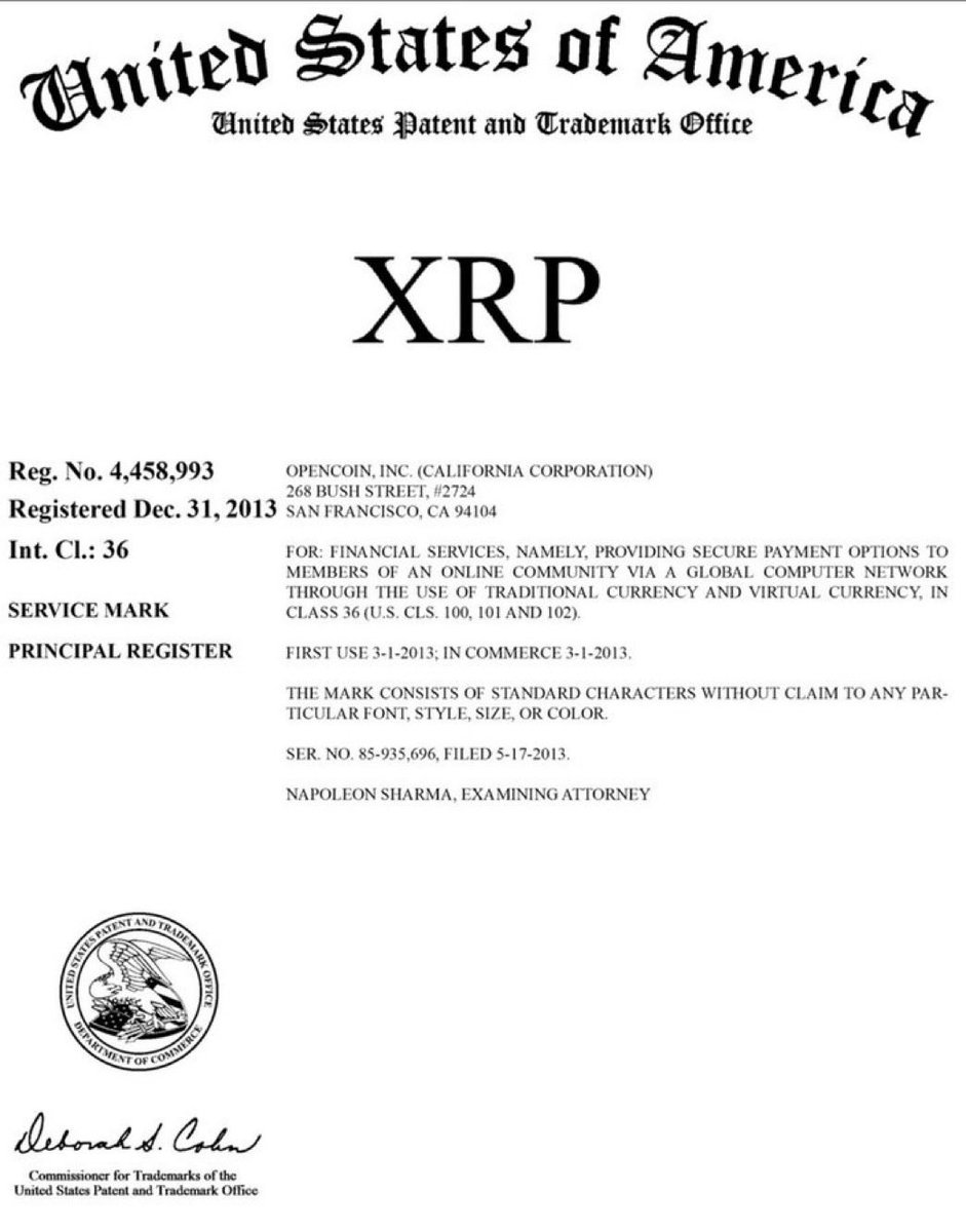 clavin_hill's tweet photo. MASSIVE: 🇺🇸Ripple officially trademarked “#XRP” with the U.S. Patent and Trademark Office — Registration No. 4,458,993. 👈589 https://t.co/ufMalWt5Di