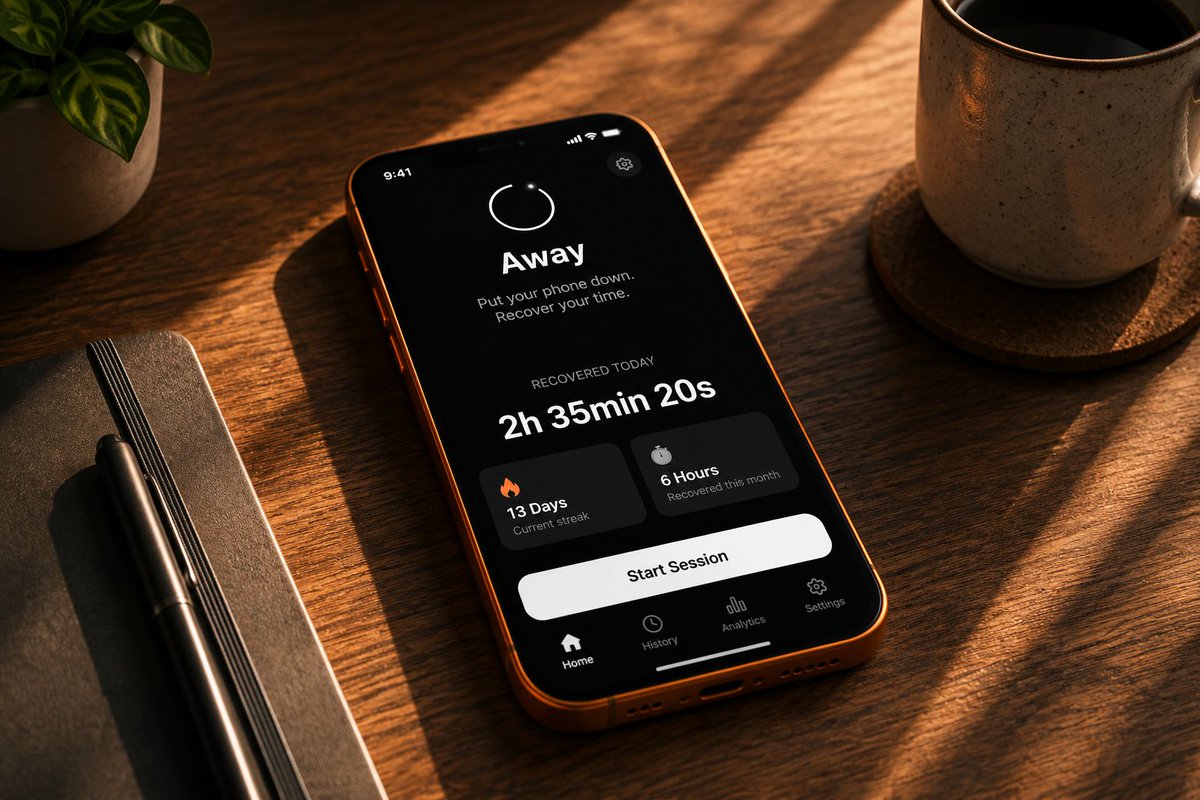 izdum's tweet photo. I built this simple app because I kept picking up my phone without thinking. Seeing how long I’ve already stayed away is often enough to make me stop, think, and put it back down. It’s called Away: Focus Timer https://t.co/yVL0YtcXph