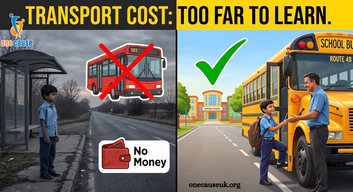 OneCauseUK's tweet photo. 🚌 Transport cost = too far for many children to learn. Distance shouldn’t mean dropout. Support transport aid for school kids in need. #TransportCost #EducationAccess #SchoolAttendance #BarriersToSchool #IndiaNGO #ChildRights #PovertyReduction #EducationEquity #MumbaiNGO https://t.co/tXL2GTmwxr