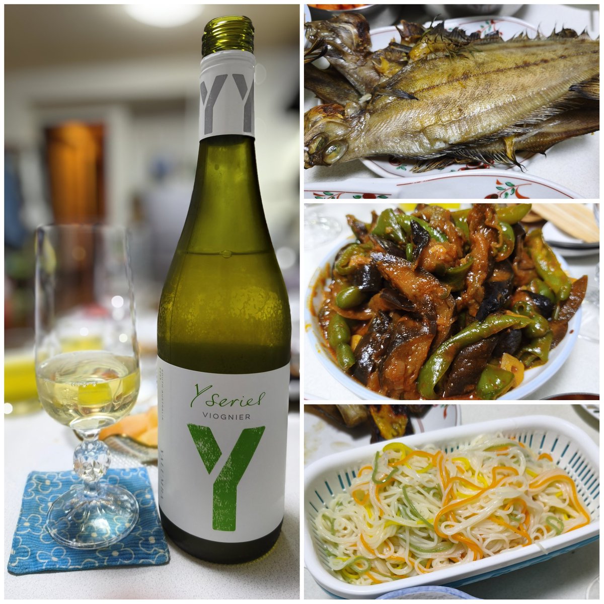 Koolking7's tweet photo. 本日も岩手🏡おうちごはん🍚
⭐️柳鰈の干物🐟️
⭐️夏野菜の辛味噌炒め
⭐️〜中略〜
⭐️〆のそうめん
ワイン🥂は🇦🇺オーストラリア土産のヤルンバの格安版の🍇ヴィオニエ✨白い花の香り〜😍
明日は台風来るんか？横浜に🚙帰れるかな？
#おうちごはん
#ワイン https://t.co/gumieaUHYE