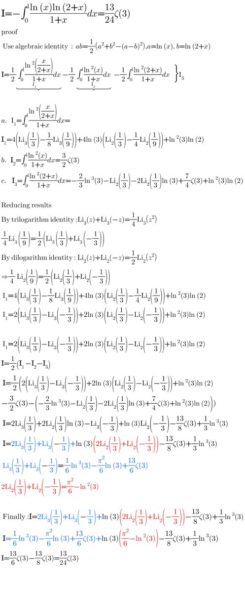 a____s___m11's tweet photo. Beautiful integration result connecting polylogarithms and \ζ(3):
#Calculus_Series #math #Integration #differential #integral #mathproblems https://t.co/TFAUEByuV2
