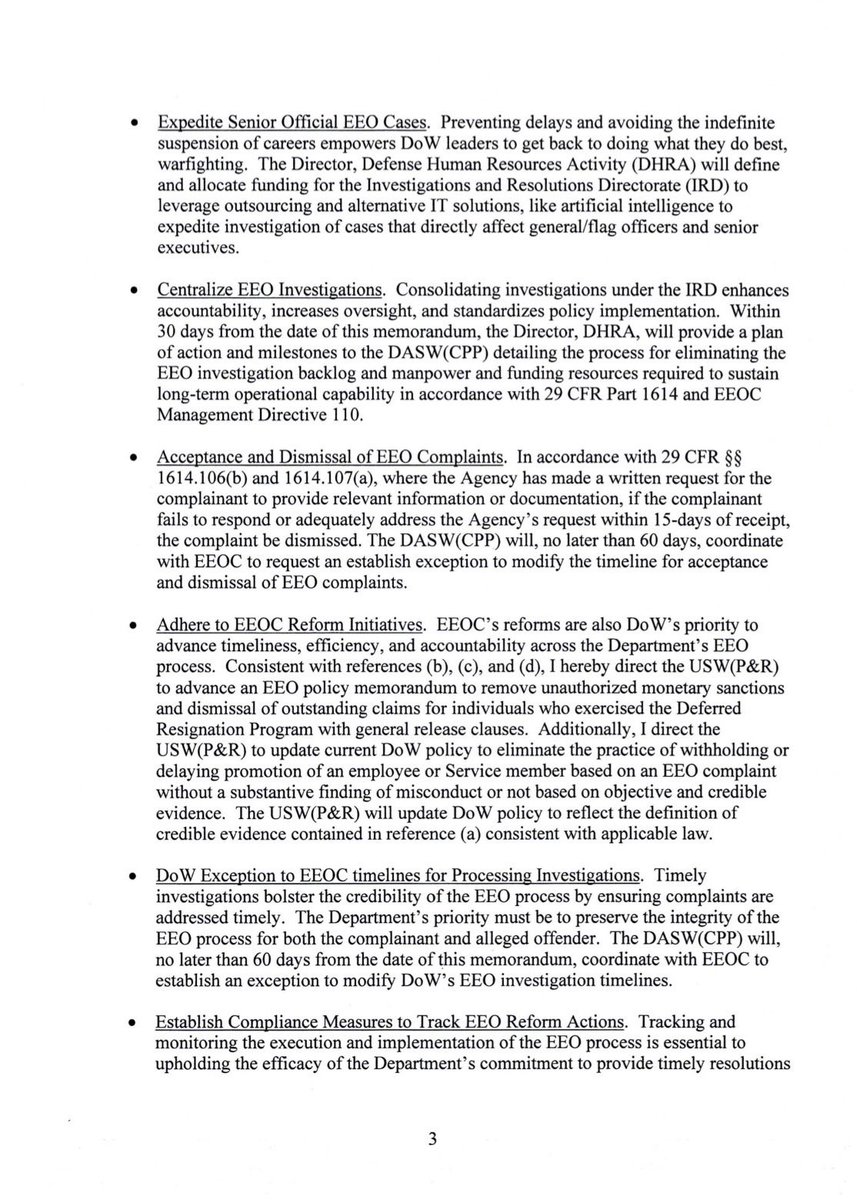 USW_PR_HONTata's tweet photo. Only ~1% of final agency decisions for EEO complaints result in a finding of discrimination.

Under @SecWar, we continue to reform this process. No more weaponization of the EEO program. We will safeguard due process, deliver timely justice & protect personnel from unfair professional & reputational harm.

How? By launching 3 pilots to:

1️⃣ Cut investigation timelines in half for faster resolution.
2️⃣ Standardize EEO processes across @DeptofWar.
3️⃣ Expedite senior leader cases to maintain mission focus.

Faster. Fairer. More accountable.